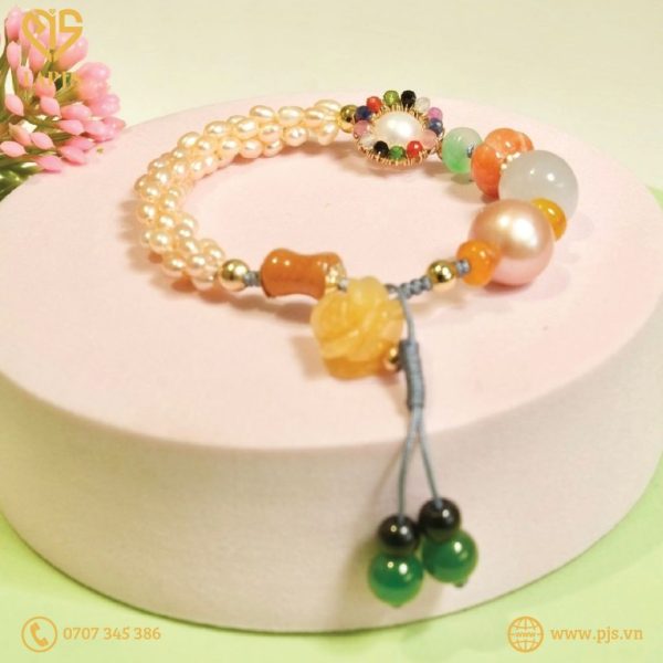 Vòng tay ngọc trai cutie baroque kết hình mix jade (thắt dây)- SBL-1129