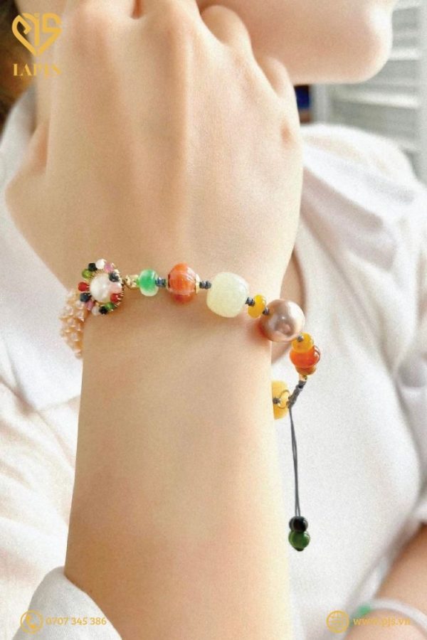 Vòng tay ngọc trai cutie baroque kết hình mix jade (thắt dây)- SBL-1129